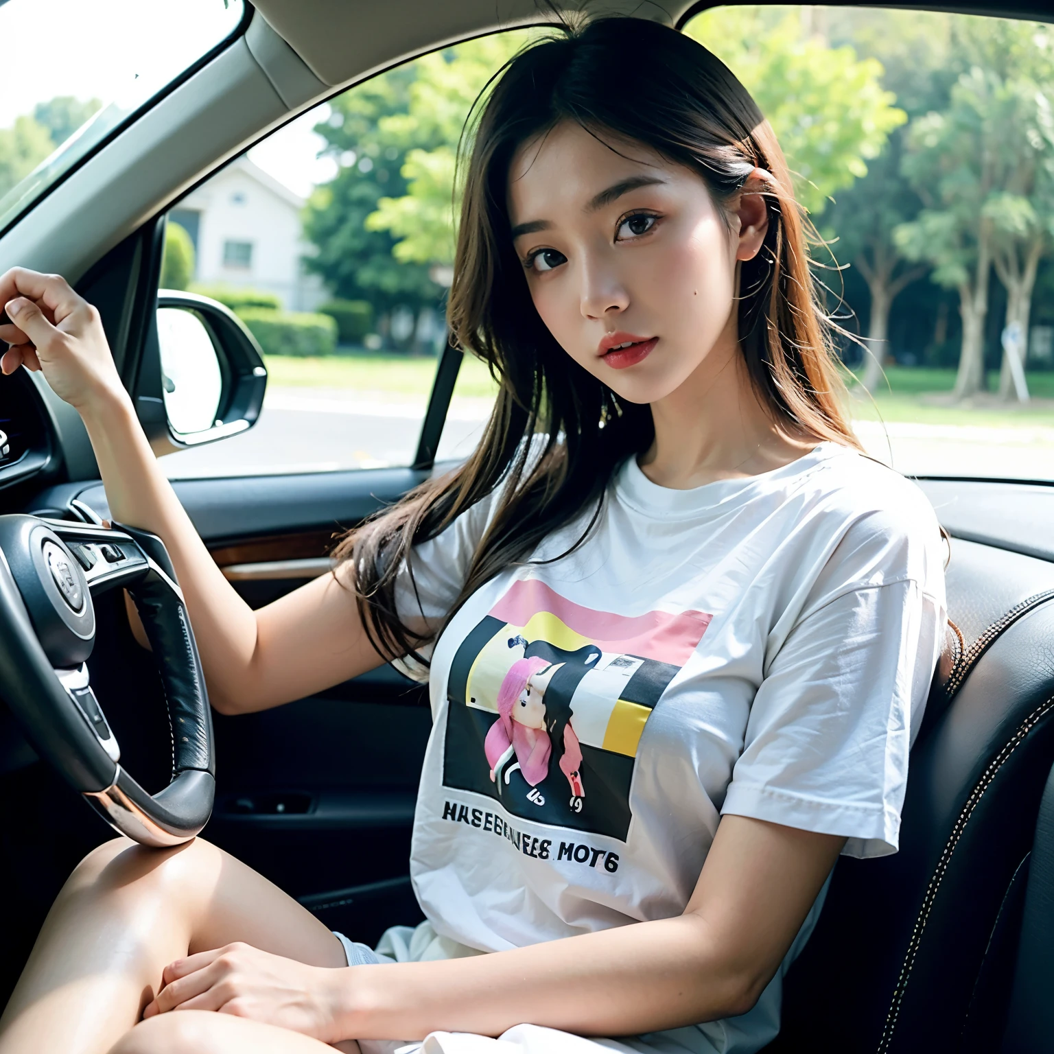 (masterpiece, highest quality), (colorful:1.4）A girl driving a car, Drive Date,Written boundary depth,head whole,Pinky T-shirt,cute,