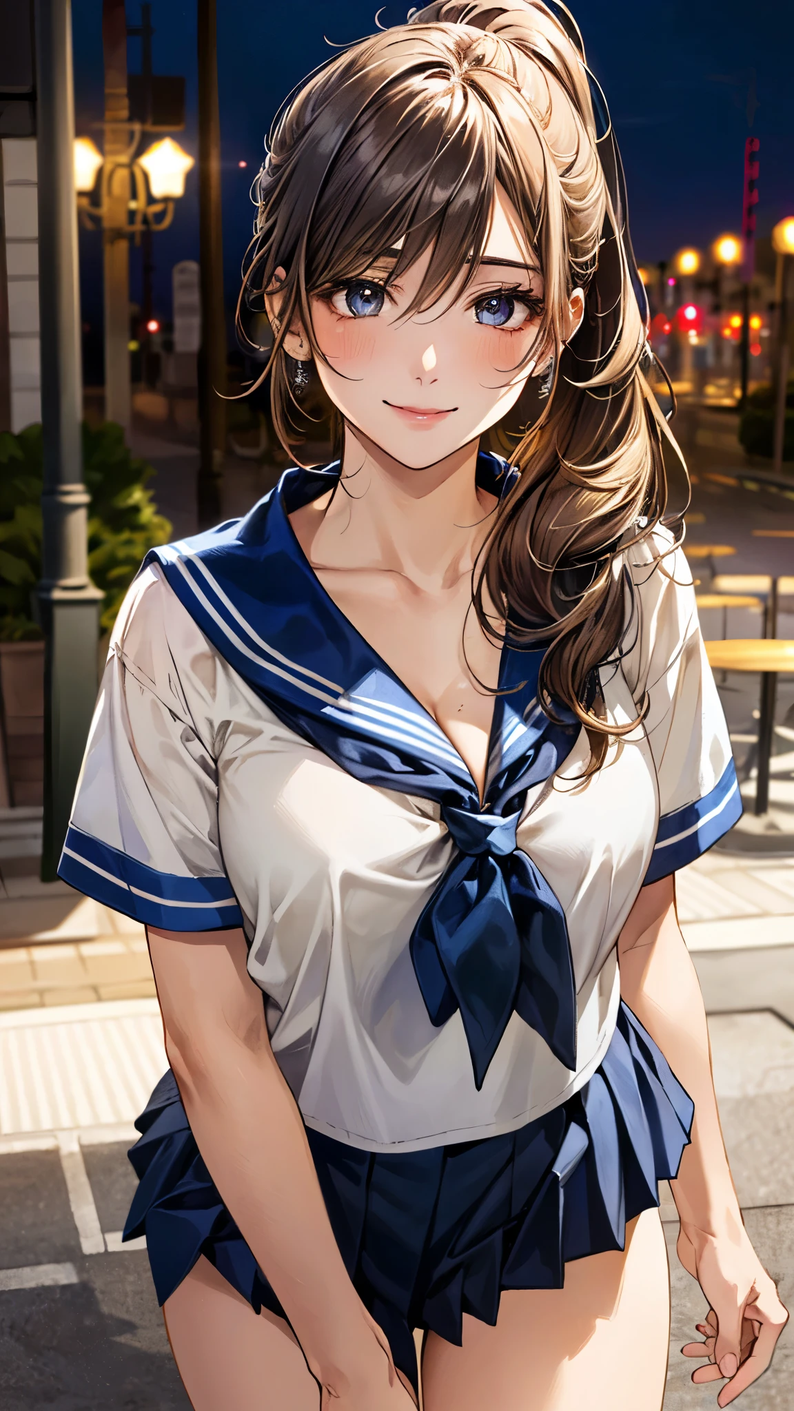 (masterpiece:1.3, top-quality, ultra high res, ultra detailed), (realistic, photorealistic:1.4), beautiful illustration, perfect lighting, natural lighting, colorful, depth of fields, ,
beautiful detailed hair, beautiful detailed face, beautiful detailed eyes, beautiful clavicle, beautiful body, beautiful chest, beautiful thigh, beautiful legs, beautiful fingers, shiny skin, babyface,
looking at viewer, (face focus), 1 girl, japanese, high school girl, (perfect anatomy, anatomically correct, super detailed skin), cute and symmetrical face, perfect face, perfect eyes,
(long hair, ponytail, sideburns , sandy beige hair), hair between eyes, blue eyes, long eyelashes, (large breasts, seductive thighs), , outstanding style,
(detailed cloth texture, short sleeve, blue sailor collar, blue pleated skirt, red sailor scarf),
(beautiful scenery), evening, (cafe:1.2), standing, (lovely smile, upper eyes),