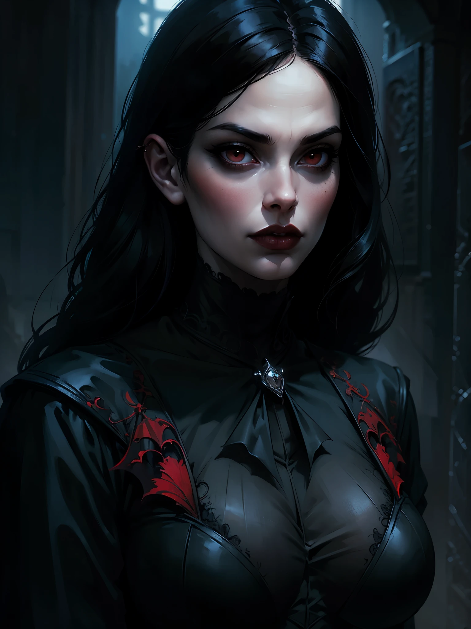 Woman with black hair and red eyes in black bra, very big breasts, Vampire Girl, Dark, But detailed digital art, dark fantasy style art, Portrait of a vampire, androgynous vampire, Dark art style, style of charlie bowater, gothic horror vibes, tom bagshaw artstyle, gothic art style, dark fantasy portrait, neoartcore and charlie bowater