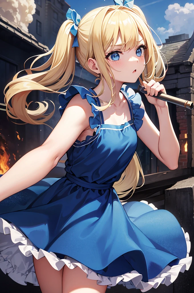 masterpiece, best quality, Bubbles, blue dress, blonde pigtails, pretty face, insanely detailed eyes, intense look, fighting pose, destroyed city, distant fires, rising smoke, 