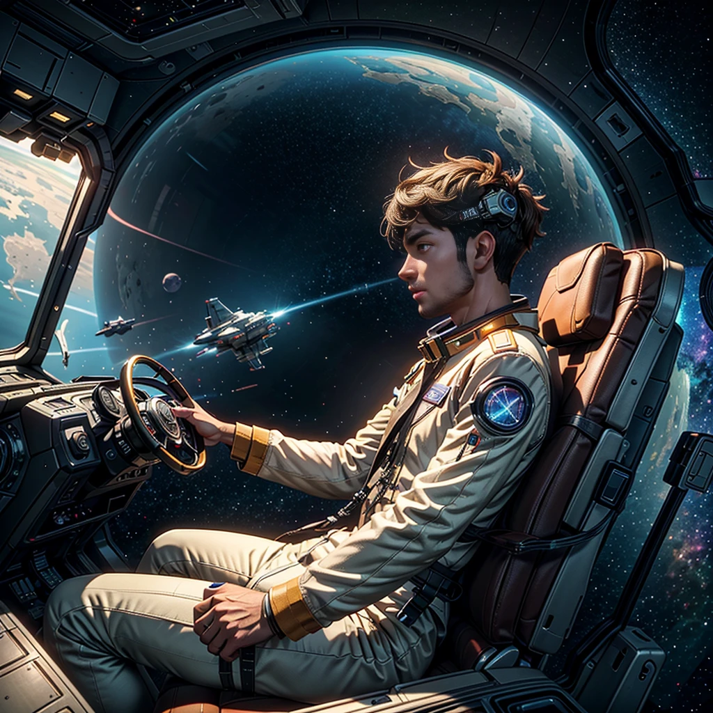 side view of male pilot looking at viewer, holding holographic navigation device, sitting in chair in cockpit of spacecraft in deep space, Masterpiece, best quality, (highly detailed CG unity 8k wallpaper), (best quality), (best illustration), (best shadows), isometric 3D , octane rendering, ray tracing, highly detailed, sci-fi