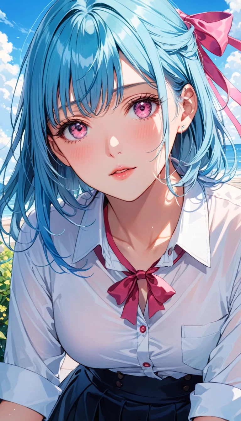 (detailed beautiful eyes and detailed face, masterpiece side light, masterpiece, best quality, detailed, High resolution illustrations), (1 girl, beautiful girl, shiny skin), (Sky blue hair, Pink Eyes, skirt, Ribbon, Button-down shirts)(Kneeling on the ground)