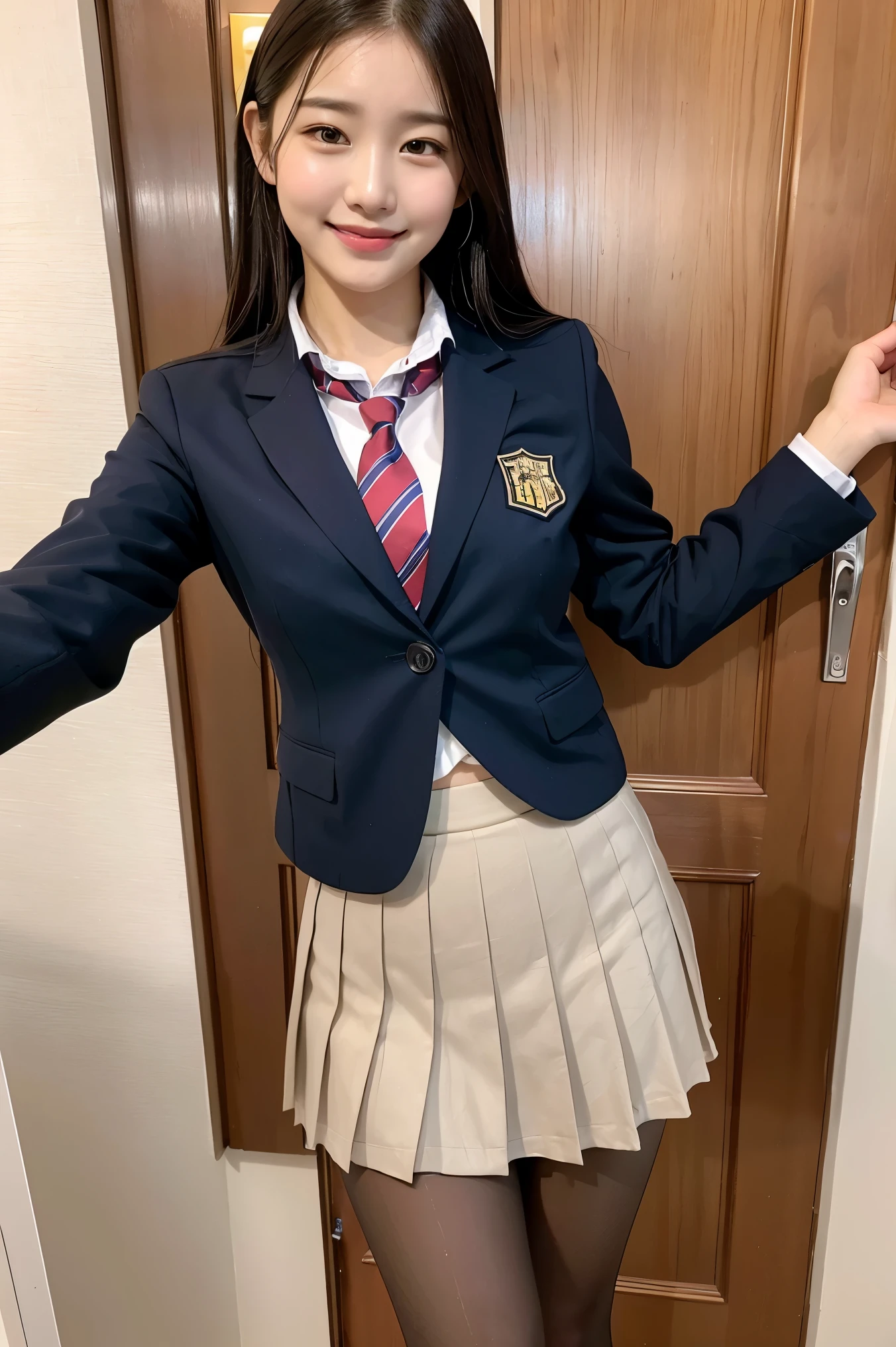 (8k), (highest quality: 1.2), (Realistic), (Realistic: 1.37), Ultra-high resolution, 1 girl, cute, smile, Mouth closed, Beautiful details, Beautiful Nose, whole body, Wet Hair, Giant Dulcefo, pork, Thighs，Selfie,Navel exposed,University Student Uniform,A simple blazer,Pleated skirt,Are standing, natural pantyhose 