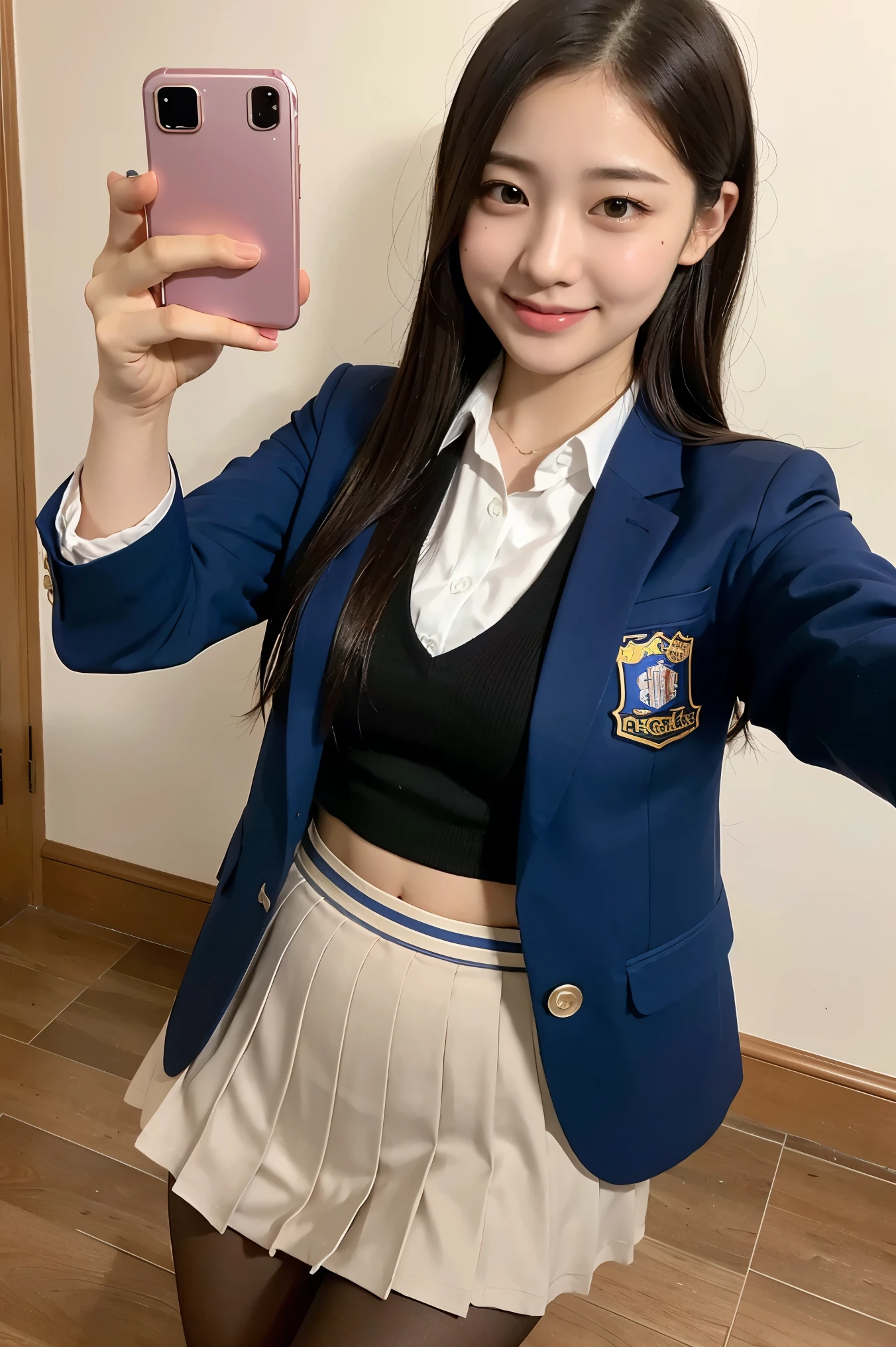 (8k), (highest quality: 1.2), (Realistic), (Realistic: 1.37), Ultra-high resolution, 1 girl, cute, smile, Mouth closed, Beautiful details, Beautiful Nose, whole body, Wet Hair, Giant Dulcefo, pork, Thighs,Selfie,Navel exposed,University Student Uniform,A simple blazer,Pleated skirt,Are standing, natural pantyhose