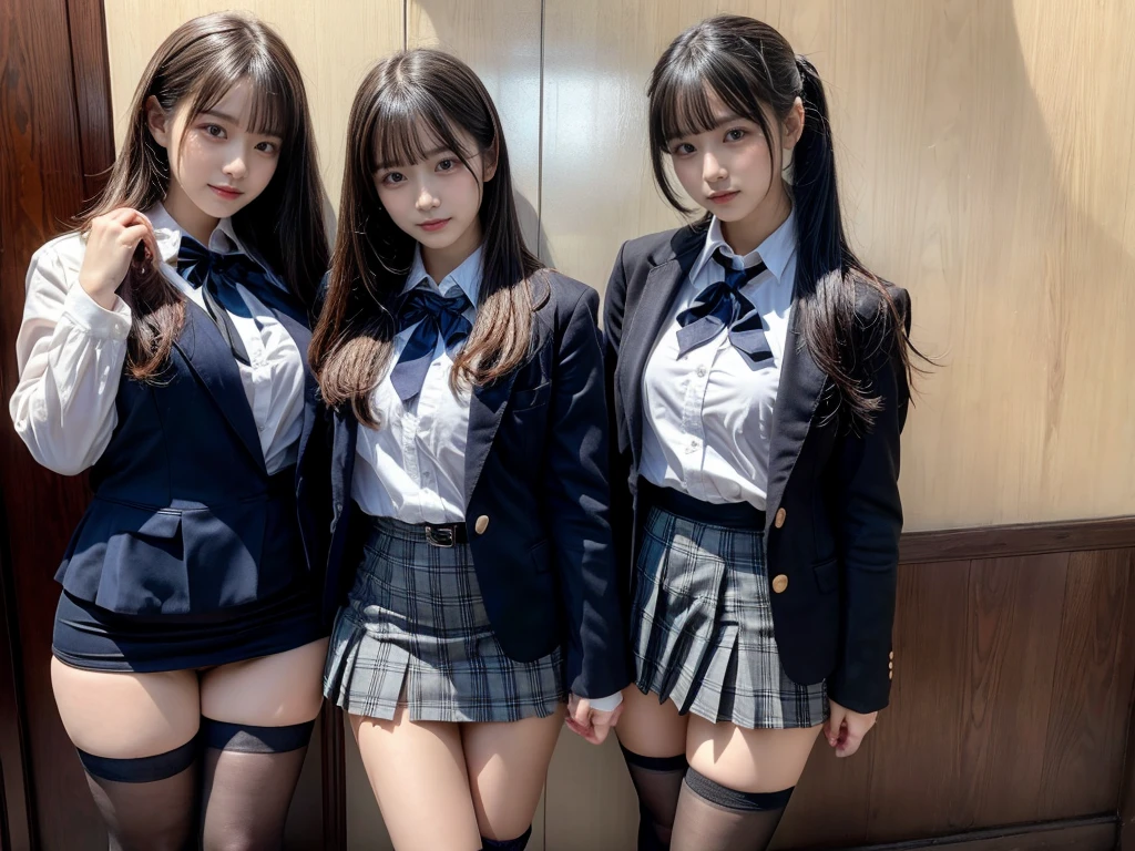 master piece, best quality, illustration, Super detailed, fine details, High resolution, 8K,wall paper, perfect dynamic composition,(Details High quality, realistic depiction of eyes:1.3), ((2 girls, 2 schoolgirls)), The background is a luxury hotel room、High school girl uniform、blazer 、Super Short Check Uniform Skirt、Navy blue high socks、garterbelts、Colossal tits、Disturbed uniform, Play with each other,Touching each other's bodies,Touching the body of the girl next door, short bob hair, black hair color, huge breasts, Big Natural Color Lip, bold sexy pose, (perfect body shape), crying a little、cold gaze, Harajuku style、Beautiful makeup,glitter makeup,Cutest 18 years old, beautiful legs, hposing Gravure Idol, Voluptuous thighs