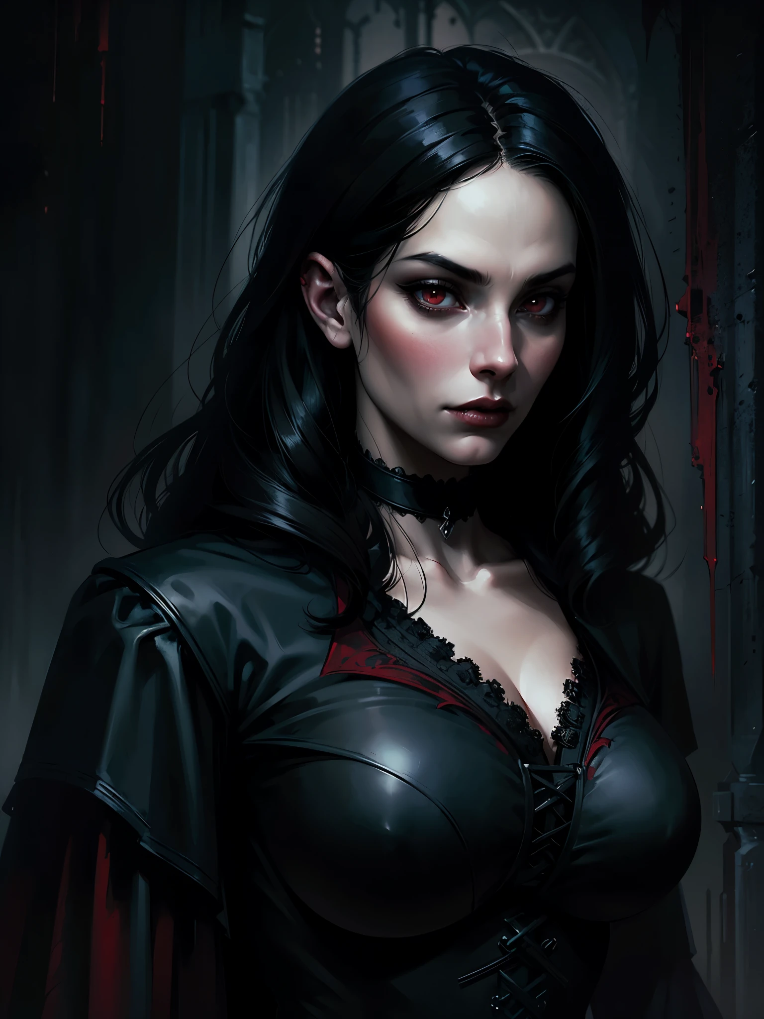 Woman with black hair and red eyes in black bra, very big breasts, Vampire Girl, Dark, But detailed digital art, dark fantasy style art, Portrait of a vampire, androgynous vampire, Dark art style, style of charlie bowater, gothic horror vibes, tom bagshaw artstyle, gothic art style, dark fantasy portrait, neoartcore and charlie bowater