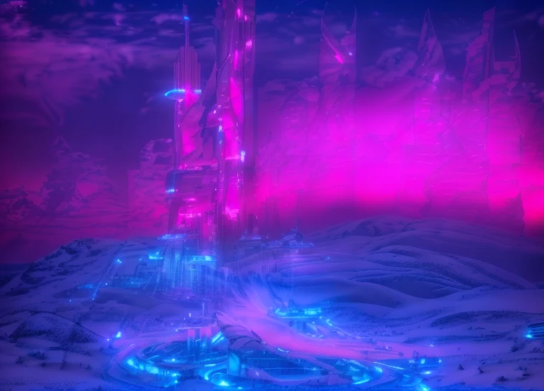 Masterpiece, 12k, uhd, photorealistic, a ultra beautiful suggestive landscape, with snow hills, snow land, futuristic metropolis in background, with skycrapers, night sky with stars, pink boreal aurora in the sky, light neon effects, cyberpunk dreaming atmosphere, (3D rendering buildings), seems real, blue and pink sky and snow colors