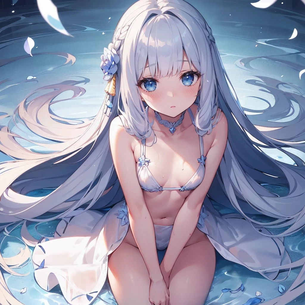 1 girl, White fluffy bikini, (((Wet))), White Room, Cinema Lighting, Hot room, Beautiful long neck, choker,relax, Raise your knees:1.5, Sleepy milky face, White micro bikini, Beautiful long thighs, Pale skin, beautiful thin face、Daytime , Detailed Hair, (Beautiful big round eyes), (The extremely complex pupil in the eye, Shining Eyes), Long eyelashes, double eyelid, Lips parted, cute, cute, ( Flat Chest), thin, (Very delicate and beautiful skin), Very detailed costume, Perfect Anatomy, Dynamic Angle, break (masterpiece, highest quality), (Ultra-high definition 8K), (Perfect design), Absurd, High resolution, ((blush)), (Ultra-fine illustrations), ((light blue Long Hair))), , Long Hair ((blush)), masterpiece, highest quality, (wonderful, Beautiful fine details, Blunt bangs),、(最High resolution、clear_image) highest quality、(((Transparency)))、Light and shadow contrast、Simple Background、((Soaring blue petals))、((Enlighten))、Very detailed、Semi-realistic、((compensate)),Braided Hairstyles、Expressionless、((White shirt))、((View from above))、Delicate facial features、Facial Features、Like the whole body、