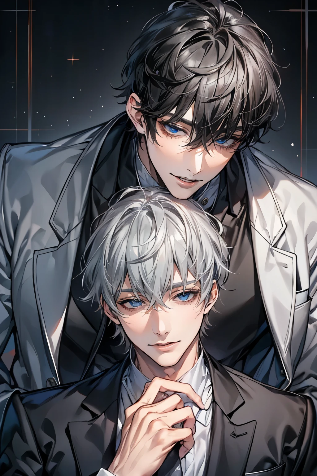 (Mastepiece), (Best Quality), Very detailed, ((Two Men:1.5)), Perfect Face, Beautiful Face, Very detailedな顔，(Black-haired man:1.3)，(Grey-haired man:1.3)，suit，shirt