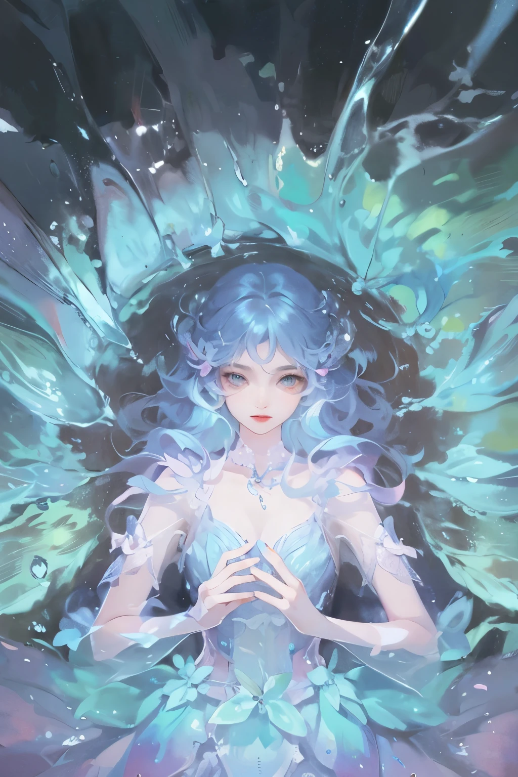 1 Girl, Female Water Spirit, Watercolor Hair, There is spring water inside, A few drops of water on the skin,