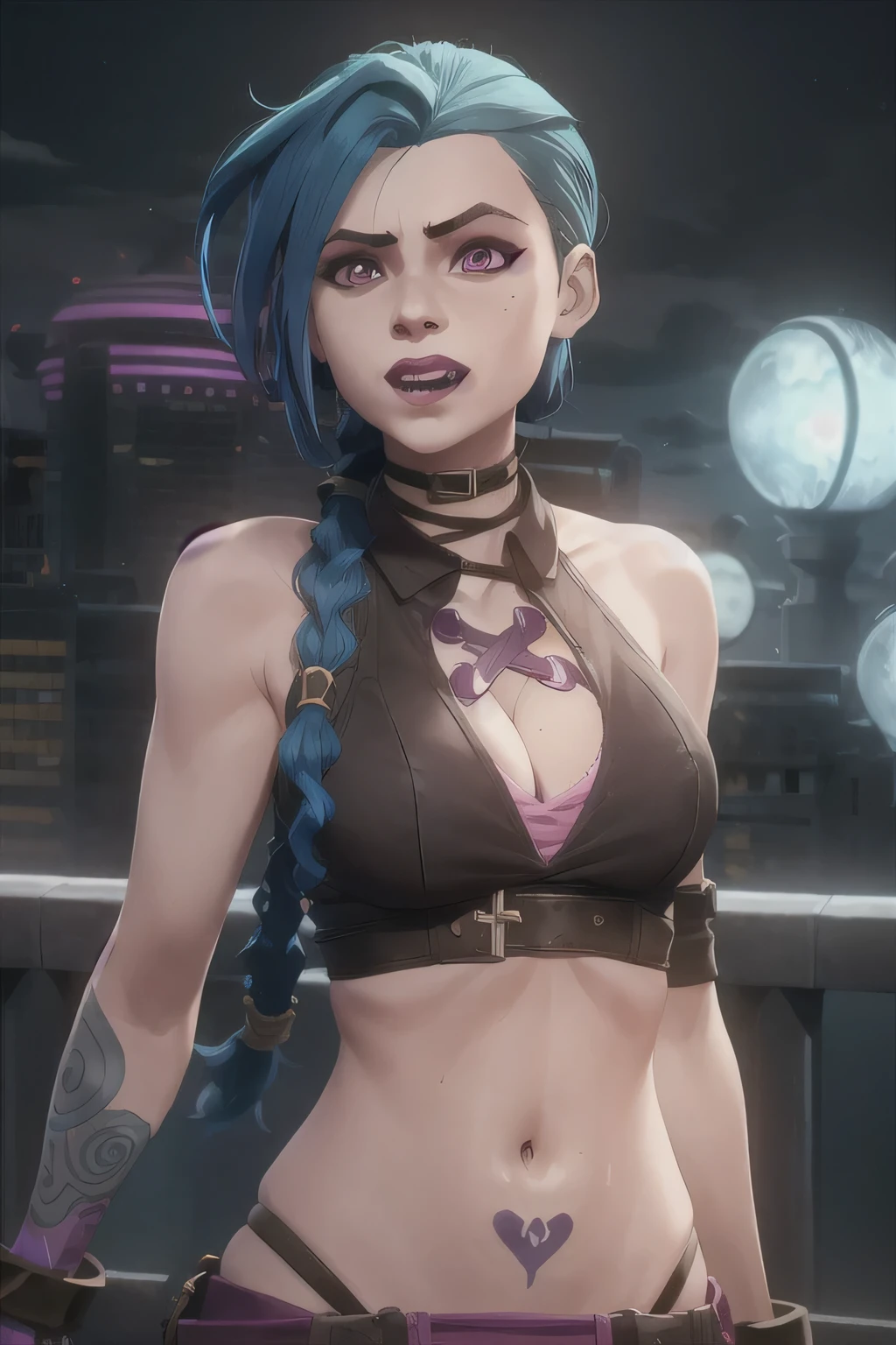 arcane style,
1girl, arm tattoo, asymmetrical bangs, bangs, blue hair, braid, brown shirt, cloud tattoo, looking at viewer, laughing, crazy, uncontrollable laugh, mad look, night, city, green hair, long hair, midriff, pink eyes, red lips, shirt, solo, standing, tattoo, twin braids, upper body, arcane jinx, jinx \(league of legends\), cleavage, cleavage, teasing