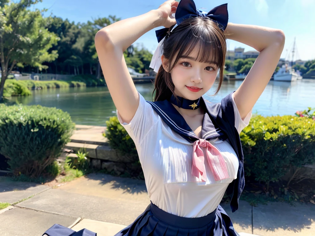 (((very heavy chest))),NSFW, 16k raw photos, highest quality, masterpiece, ultra high resolution, ((She is wearing Beautiful exposed redShe is wearing (a high school sailor uniform).
(navy sailor collar:1.4),(white shirt:1.4),(navy pleats skirt:1.4),(navy bow:1.4))).movie, ((2 girls, , 2 schoolgirls)),((attractive expression)),eyes shine、 looking at the viewer, natural skin texture very heavy chest))),((( metal black ribbon around the neck))).star handle mold、((yellow eyes)),Realistic eye and face details, lip whole, lipstick makeup), fluffy ponytail hair, laughter, Beautiful feet, tall woman, ((glowing skin)),((Beautiful armpit)), slim_feet, huge breasts, cleavage, beautiful natural places, beautiful flower garden、(detailed background,highly exposed, huge breasts, blurred background,, JK ribbon on the neck, jk ribbon, golden hair, bracelet, water, bangs, split your lips、armpit、beautiful hip line、glowing skin、(((eyes shine brightly))),lotion skin、High leg、((black hair)),highly exposed、Skimpy pink luxury fur coat、beautiful sea background、wind effect、