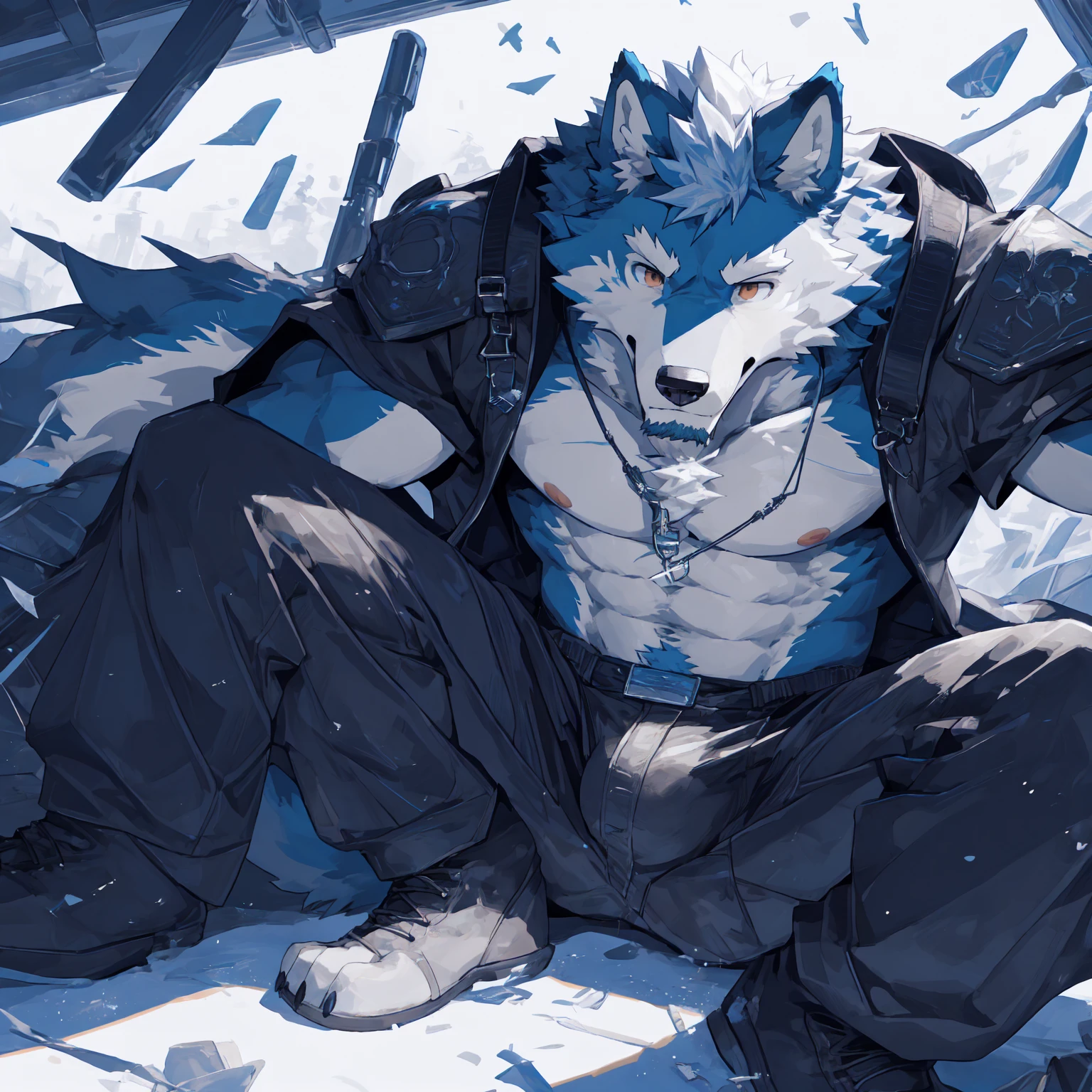(Super detailed), Clear focus, Eye, 棕色Eye, hairy) White-blue hair,human nature (Wolf:1.3), male, young people, Gray body, muscular ,(Crotch bulge),Super detailed的脸,(messy 1.4),(best quality), (masterpiece), High Detail, high quality,high resolution, , 16K,Cluttered room,close up,(Wear only white),(bright room:1.3),(naked:1.3),majestic appearance,Overlooking,(Wolf:1.3),(Blue and white fur:1.3)
