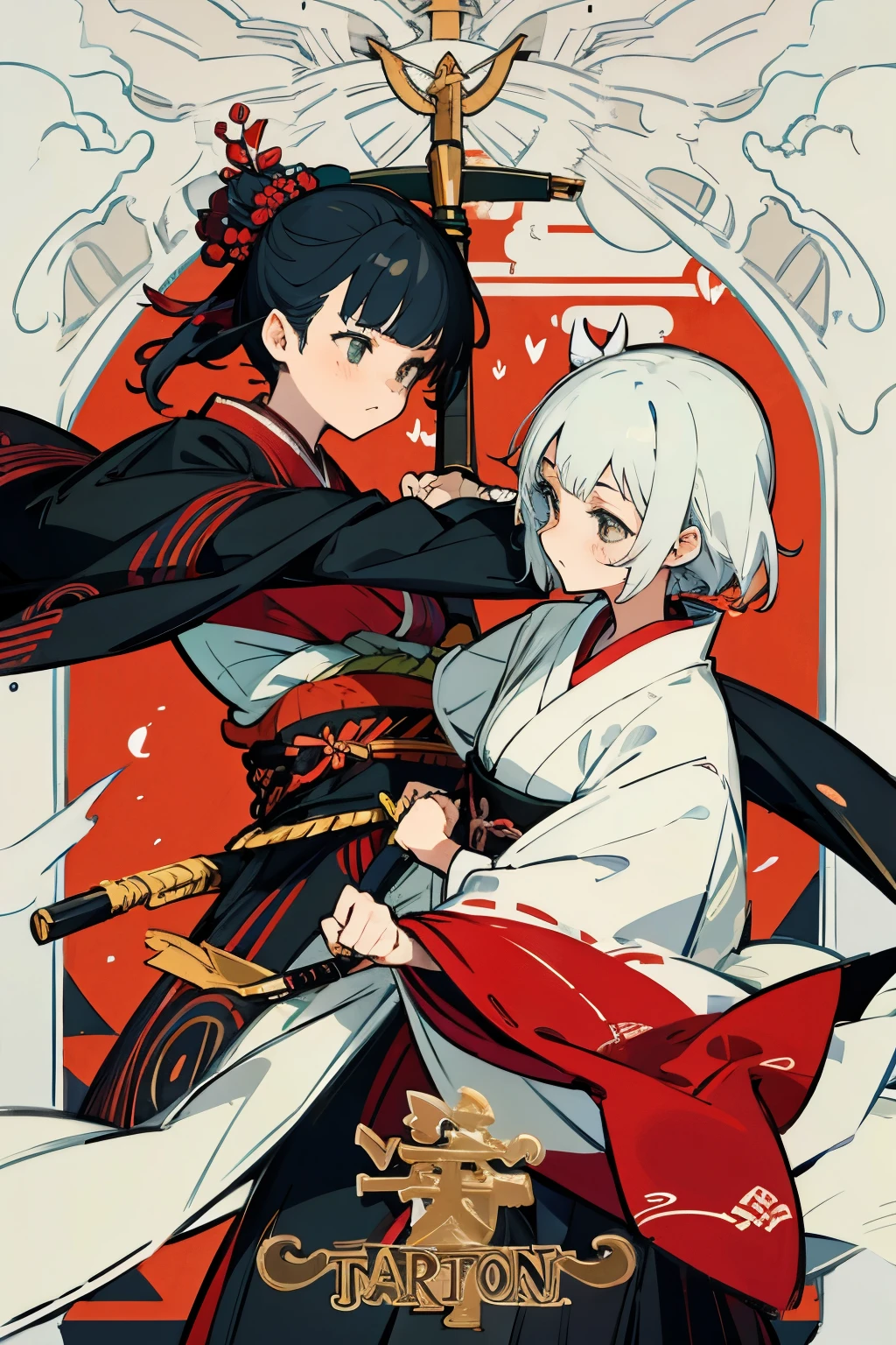 Girls fighting with Japanese swords Japonism Kimono