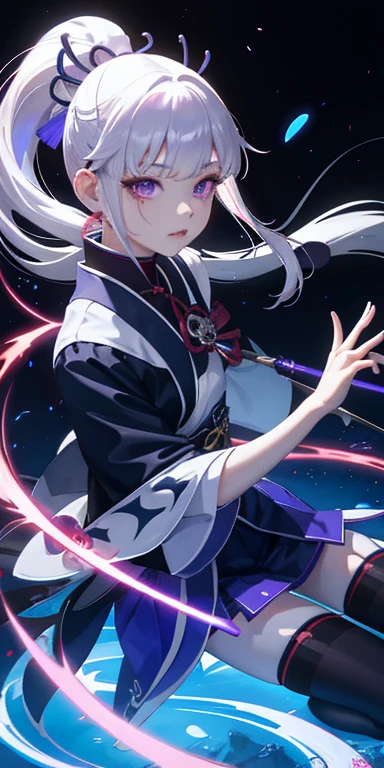 keqing, japanese clothes, ponytail ,white hair, purple eyes, magic circle, blue fire, blue flames, wallpaper, landscape, blood, blood splatter, depth of field, night, light particles, light rays, sidelighting, thighs, fate \(series\), genshin impact, ****, open jacket, skirt, thighhighs, cloud