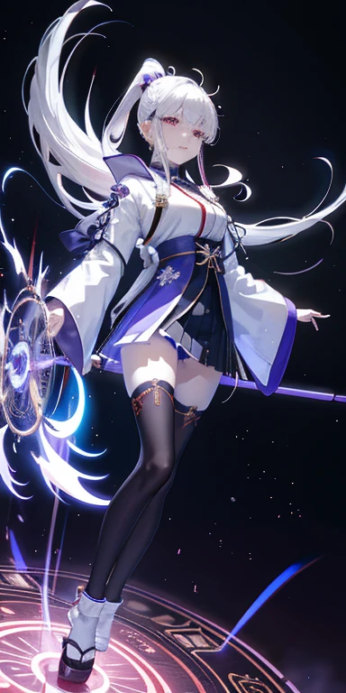 keqing, japanese clothes, ponytail ,white hair, purple eyes, magic circle, blue fire, blue flames, wallpaper, landscape, blood, blood splatter, depth of field, night, light particles, light rays, sidelighting, thighs, fate \(series\), genshin impact, ****, open jacket, skirt, thighhighs, cloud