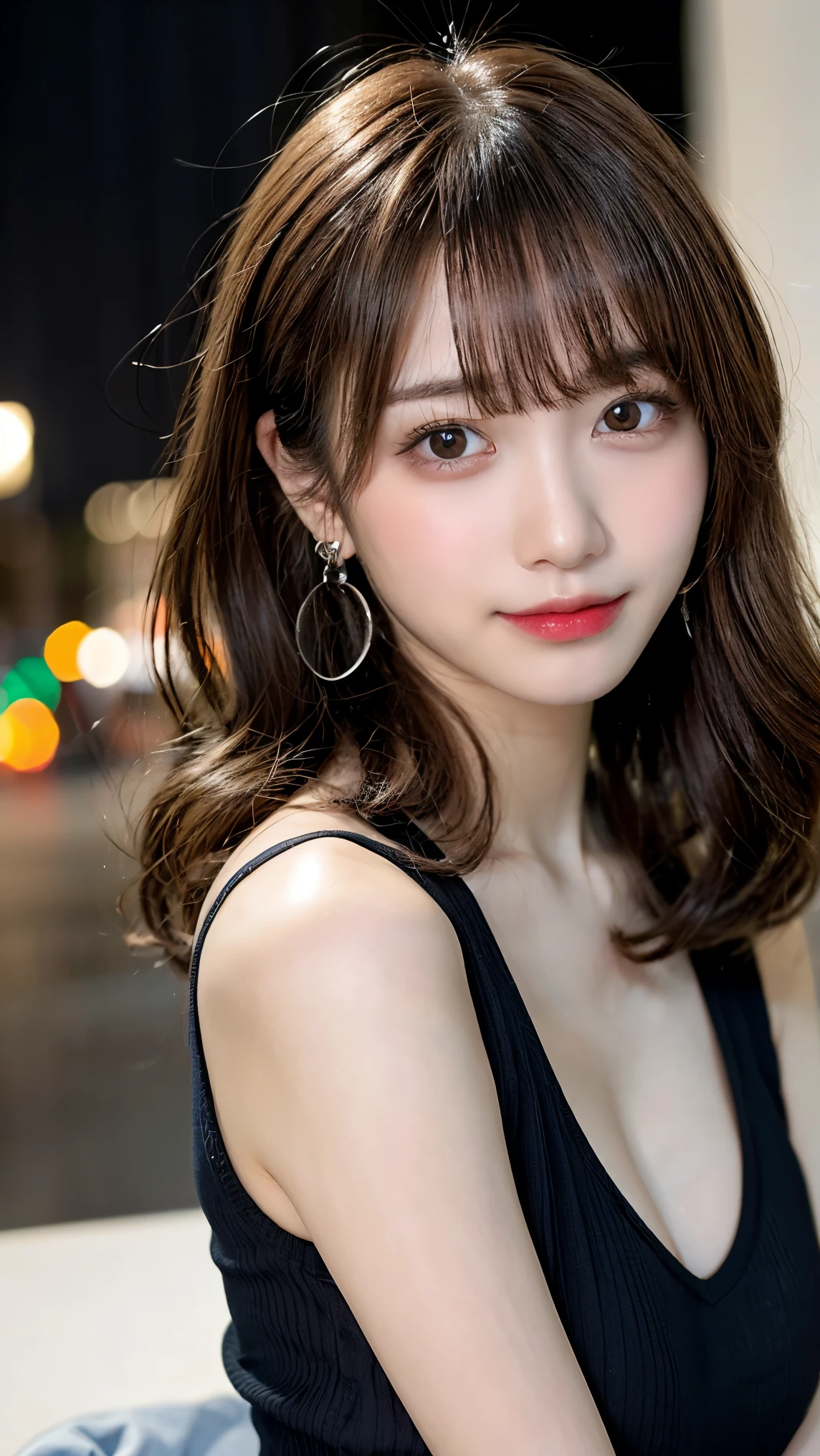 Tabletop, highest quality, shape, Very detailed, finely, High resolution, 8k wallpaper, 完璧なダイナミックな構shape, finelyて美しい目, one piece,Medium Hair,Natural color lip, smile,21 years old、cute、Looking into the camera、F Cup、Brown Hair、Blurred night New York background,Earrings,(Pin-Curls),model posing,