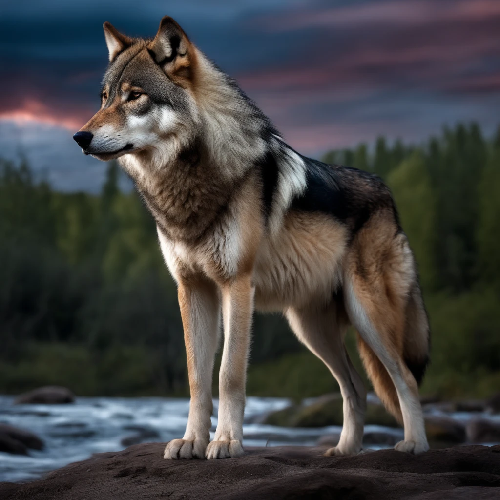 Wolf God, surreal, tense, cold, highly detailed, sharp, professional, 8k UHD, movie, dark, violent, outdoor, river, battle, chase, dramatic, vivid, tense atmosphere, rendering, epic, twilight, HDR, album cover, blizzard, lightning, disaster