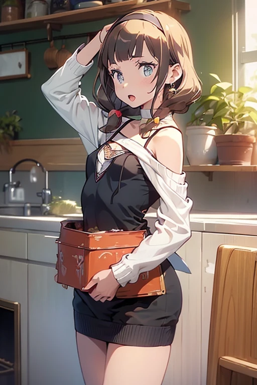(small breasts:1.3), (perky chest:1.1), (pointed chest:1.0), (fashion magazine cover:1.3)，(from below:1.0),(from side:0.9),masterpiece, 1girl, Amazing Cleavage:1.1, thin waist, big ass, Raised sexy, small breast: 1.3, posed cleavage:1.2、solo, looking at viewer, open mouth, have a cute grass of cute beergrass,black hair, dark green eyes, dress, bare shoulders, jewelry, collarbone, sidelocks, hairband, earrings, indoors, off shoulder, :o, sweater, arms behind back, plant, short hair with long locks, gild hairband, off-shoulder dress, sweater dress, off-shoulder sweater, red sweater, dark gord hair, big side hair, very long side hair,is rendered in (masterpiece: 1.2, best quality), with (ultra high resolution) and an exquisite (depth of field). This masterpiece is not only visually stunning but also tells,A scene of cooking in the kitchen by classroom 