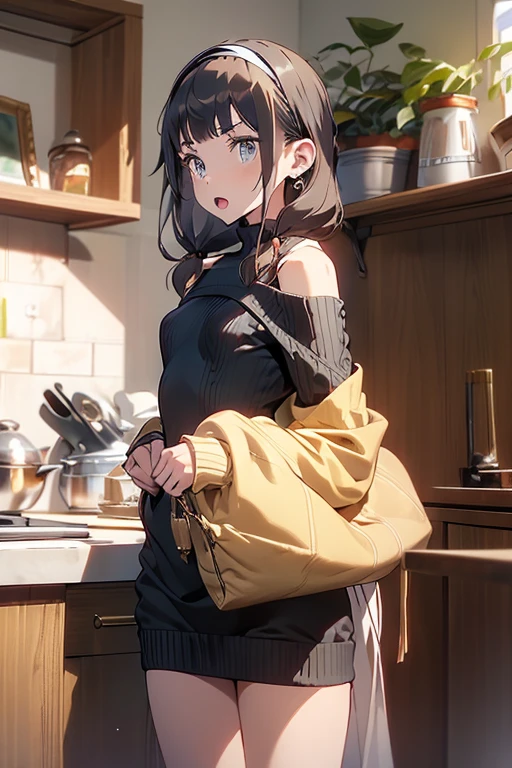 (small breasts:1.3), (perky chest:1.1), (pointed chest:1.0), (fashion magazine cover:1.3)，(from below:1.0),(from side:0.9),masterpiece, 1girl, Amazing Cleavage:1.1, thin waist, big ass, Raised sexy, small breast: 1.3, posed cleavage:1.2、solo, looking at viewer, open mouth, have a cute grass of cute beergrass,black hair, dark green eyes, dress, bare shoulders, jewelry, collarbone, sidelocks, hairband, earrings, indoors, off shoulder, :o, sweater, arms behind back, plant, short hair with long locks, gild hairband, off-shoulder dress, sweater dress, off-shoulder sweater, red sweater, dark gord hair, big side hair, very long side hair,is rendered in (masterpiece: 1.2, best quality), with (ultra high resolution) and an exquisite (depth of field). This masterpiece is not only visually stunning but also tells,A scene of cooking in the kitchen by classroom 