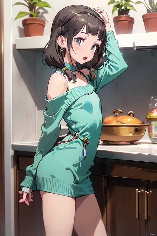 (small breasts:1.3), (perky chest:1.1), (pointed chest:1.0), (fashion magazine cover:1.3),(from below:1.0),(from side:0.9),masterpiece, 1girl, Amazing Cleavage:1.1, thin waist, big ass, Raised sexy, small breast: 1.3, posed cleavage:1.2、solo, looking at viewer, open mouth, have a cute grass of cute beergrass,black hair, dark green eyes, dress, bare shoulders, jewelry, collarbone, sidelocks, hairband, earrings, indoors, off shoulder, :o, sweater, arms behind back, plant, short hair with long locks, gild hairband, off-shoulder dress, sweater dress, off-shoulder sweater, red sweater, dark gord hair, big side hair, very long side hair,is rendered in (masterpiece: 1.2, best quality), with (ultra high resolution) and an exquisite (depth of field). This masterpiece is not only visually stunning but also tells,A scene of cooking in the kitchen by classroom