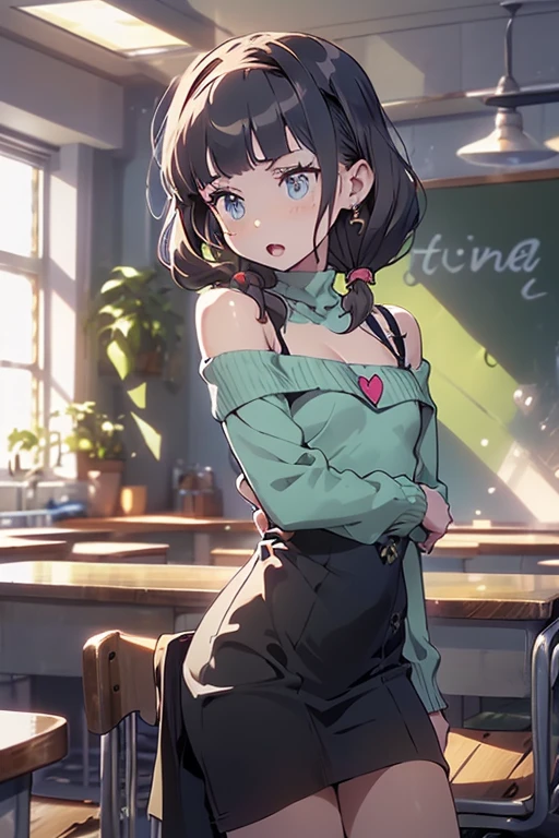 (small breasts:1.3), (perky chest:1.1), (pointed chest:1.0), (fashion magazine cover:1.3),(from below:1.0),(from side:0.9),masterpiece, 1girl, Amazing Cleavage:1.1, thin waist, big ass, Raised sexy, small breast: 1.3, posed cleavage:1.2、solo, looking at viewer, open mouth, have a cute grass of cute beergrass,black hair, dark green eyes, dress, bare shoulders, jewelry, collarbone, sidelocks, hairband, earrings, indoors, off shoulder, :o, sweater, arms behind back, plant, short hair with long locks, gild hairband, off-shoulder dress, sweater dress, off-shoulder sweater, red sweater, dark gord hair, big side hair, very long side hair,is rendered in (masterpiece: 1.2, best quality), with (ultra high resolution) and an exquisite (depth of field). This masterpiece is not only visually stunning but also tells,A scene of cooking in the kitchen by classroom
