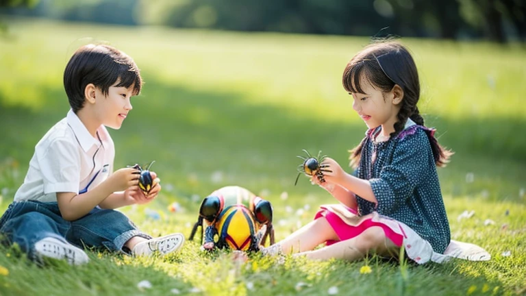 Children playing with beautiful beetles in the grassland、Children playing with beautiful beetles in the grassland、Colorful Mushiking