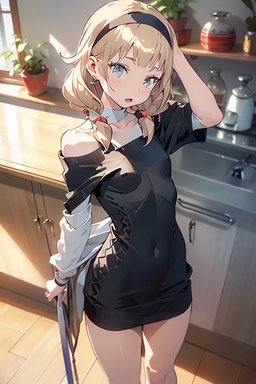 (small breasts:1.3), (perky chest:1.1), (pointed chest:1.0), (fashion magazine cover:1.3),(from below:1.0),(from side:0.9),masterpiece, 1girl, Amazing Cleavage:1.1, thin waist, big ass, Raised sexy, small breast: 1.3, posed cleavage:1.2、solo, looking at viewer, open mouth, have a cute grass of cute beergrass,black hair, dark green eyes, dress, bare shoulders, jewelry, collarbone, sidelocks, hairband, earrings, indoors, off shoulder, :o, sweater, arms behind back, plant, short hair with long locks, gild hairband, off-shoulder dress, sweater dress, off-shoulder sweater, red sweater, dark gord hair, big side hair, very long side hair,is rendered in (masterpiece: 1.2, best quality), with (ultra high resolution) and an exquisite (depth of field). This masterpiece is not only visually stunning but also tells,A scene of cooking in the kitchen by classroom