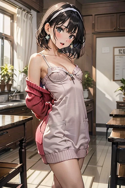 (small breasts:1.3), (perky chest:1.1), (pointed chest:1.0), (fashion magazine cover:1.3),(from below:1.0),(from side:0.9),masterpiece, 1girl, Amazing Cleavage:1.1, thin waist, big ass, Raised sexy, small breast: 1.3, posed cleavage:1.2、solo, looking at viewer, open mouth, have a cute grass of cute beergrass,black hair, dark green eyes, dress, bare shoulders, jewelry, collarbone, sidelocks, hairband, earrings, indoors, off shoulder, :o, sweater, arms behind back, plant, short hair with long locks, gild hairband, off-shoulder dress, sweater dress, off-shoulder sweater, red sweater, dark gord hair, big side hair, very long side hair,is rendered in (masterpiece: 1.2, best quality), with (ultra high resolution) and an exquisite (depth of field). This masterpiece is not only visually stunning but also tells,A scene of cooking in the kitchen by classroom