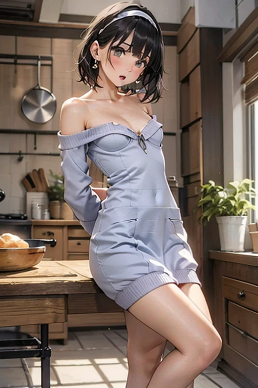 (small breasts:1.3), (perky chest:1.1), (pointed chest:1.0), (fashion magazine cover:1.3)，(from below:1.0),(from side:0.9),masterpiece, 1girl, Amazing Cleavage:1.1, thin waist, big ass, Raised sexy, small breast: 1.3, posed cleavage:1.2、solo, looking at viewer, open mouth, have a cute grass of cute beergrass,black hair, dark green eyes, dress, bare shoulders, jewelry, collarbone, sidelocks, hairband, earrings, indoors, off shoulder, :o, sweater, arms behind back, plant, short hair with long locks, gild hairband, off-shoulder dress, sweater dress, off-shoulder sweater, red sweater, dark gord hair, big side hair, very long side hair,is rendered in (masterpiece: 1.2, best quality), with (ultra high resolution) and an exquisite (depth of field). This masterpiece is not only visually stunning but also tells,A scene of cooking in the kitchen by classroom 