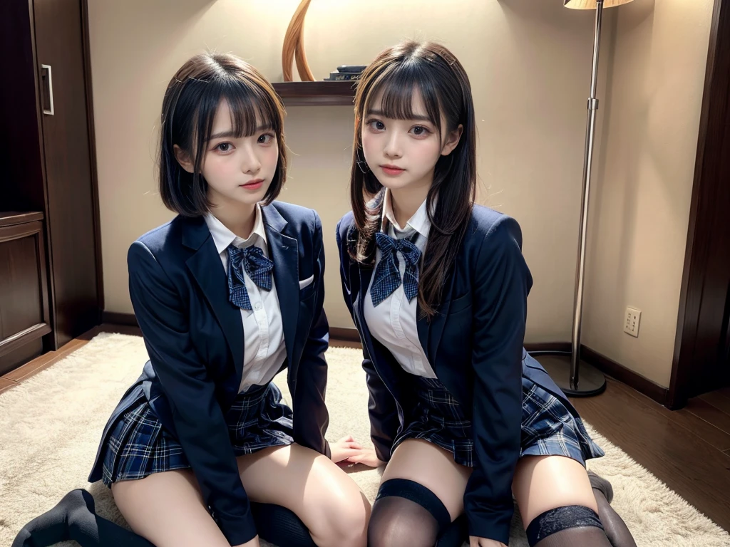 muster piece, best quality, illustration, Super detailed, fine details, High resolution, 8K,wall paper, perfect dynamic composition,(Details High quality, realistic depiction of eyes:1.3), ((2 girls, 2 schoolgirls)), The background is a luxury hotel room、High school girl uniform、blazer 、Super Short Check Uniform Skirt、Navy blue high socks、garterbelts、Colossal tits、Disturbed uniform, Play with each other,Touching each other's bodies,Touching the body of the girl next door, short bob hair, black hair color, huge breasts, Big Natural Color Lip, bold sexy pose, (perfect body shape), crying a little、cold gaze, Harajuku style、Beautiful makeup,glitter makeup,Cutest 18 years old, beautiful legs, hposing Gravure Idol, Voluptuous thighs