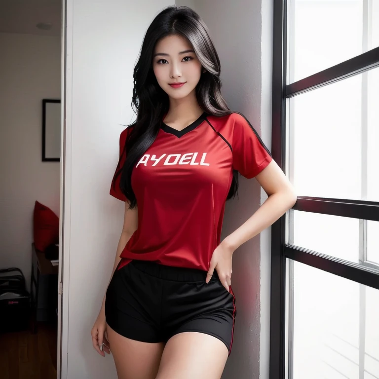 arafed asian woman in a red shirt and black shorts posing for a picture, black and red only, Red dress, Wear a volleyball shirt., red sports clothes, Professional sports style, red black, Sporty, in red and black, red and black, red shirt, irelia, short sleeve, beautiful korean girl, black and red, sports clothes