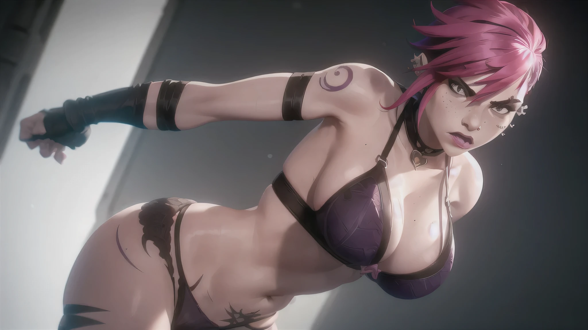 arcane style, neck tattoo, nose piercing,1girl, thick, pink hair, asymmetrical bangs, bandaid, short hair, bangs, freckles, grey eyes, scar, scar on face, solo, tattoo on face, arcane vi, looking at the viewer, purple, hair, large breasts, large breasts, cleavage, big cleavage, body, wearing only a bra, bra, lingerie, angry face, mouth closed, closed mouth, angry, cleavage, vi from arcane, arcane style, tight bra, bending over, bending over looking at the viewer, vi \(league of legends\ 

