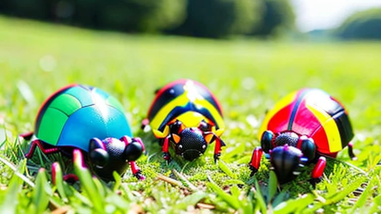 Children playing with beautiful beetles in the grassland、Children playing with beautiful beetles in the grassland、Colorful Mushiking