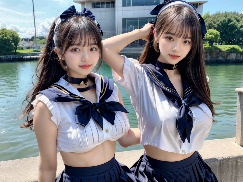 (((very heavy chest))),NSFW, 16k raw photos, highest quality, masterpiece, ultra high resolution, ((She is wearing Beautiful exposed redShe is wearing (a high school sailor uniform).
(navy sailor collar:1.4),(white shirt:1.4),(navy pleats skirt:1.4),(navy bow:1.4))).movie, ((2 girls, , 2 schoolgirls)),((attractive expression)),eyes shine、 looking at the viewer, natural skin texture very heavy chest))),((( metal black ribbon around the neck))).star handle mold、((yellow eyes)),Realistic eye and face details, lip whole, lipstick makeup), fluffy ponytail hair, laughter, Beautiful feet, tall woman, ((glowing skin)),((Beautiful armpit)), slim_feet, huge breasts, cleavage, beautiful natural places, beautiful flower garden、(detailed background,highly exposed, huge breasts, blurred background,, JK ribbon on the neck, jk ribbon, golden hair, bracelet, water, bangs, split your lips、armpit、beautiful hip line、glowing skin、(((eyes shine brightly))),lotion skin、High leg、((black hair)),highly exposed、Skimpy pink luxury fur coat、beautiful sea background、wind effect、