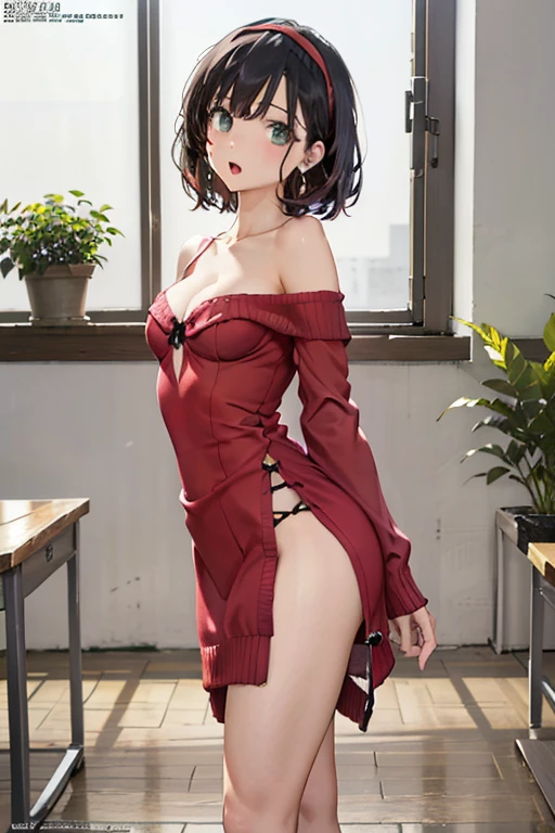 (small breasts:1.3), (perky chest:1.1), (pointed chest:1.0), (fashion magazine cover:1.3),(from below:1.0),(from side:0.9),masterpiece, 1girl, Amazing Cleavage:1.1, thin waist, big ass, Raised sexy, small breast: 1.3, posed cleavage:1.2、solo, looking at viewer, open mouth, have a cute grass of cute beergrass,black hair, dark green eyes, dress, bare shoulders, jewelry, collarbone, sidelocks, hairband, earrings, indoors, off shoulder, :o, sweater, arms behind back, plant, short hair with long locks, gild hairband, off-shoulder dress, sweater dress, off-shoulder sweater, red sweater, dark gord hair, big side hair, very long side hair,is rendered in (masterpiece: 1.2, best quality), with (ultra high resolution) and an exquisite (depth of field). This masterpiece is not only visually stunning but also tells,A scene of cooking in the kitchen by classroom