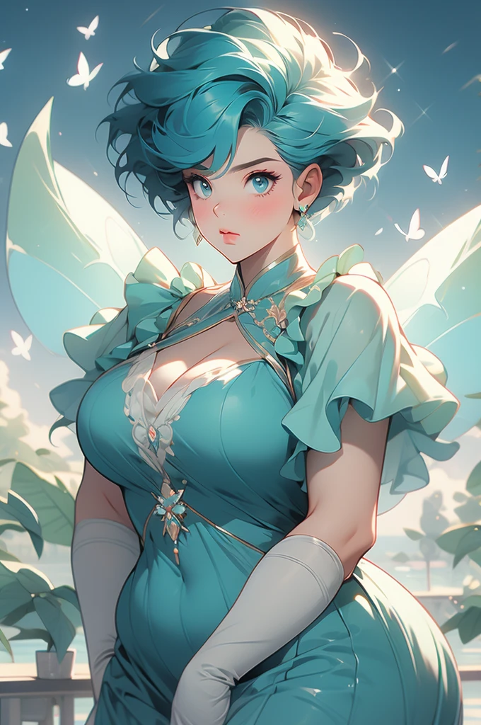 chubby, voluptuous fairy, cyan short hair, sidecut, mean, pouting