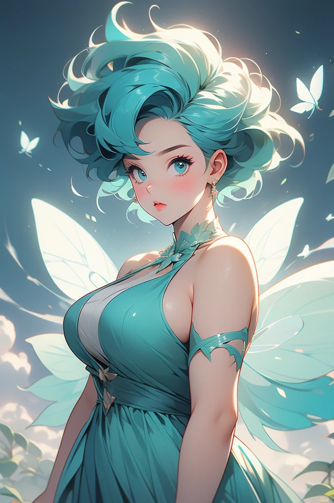 chubby, voluptuous fairy, cyan short hair, sidecut, mean, pouting