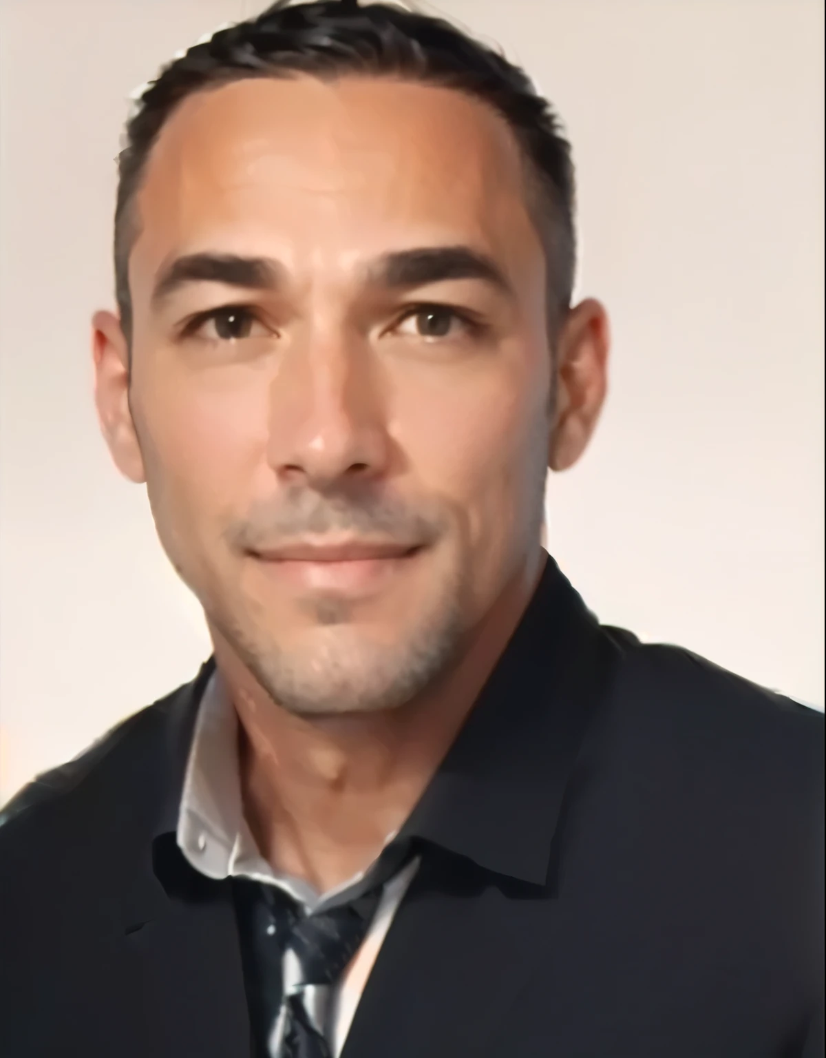 realistic image of a middle-aged businessman, 85 pounds weight, background gray, professional dressed in suit and tie, good quality, highest resolution, standing position, hands down, professional, nice detailed light brownish eyes, nice detailed lips, short beard, black short hair, more friendly Expression, warm smile, distinguished look, proper lighting, simple background, clean image without blur effect, ultra-detailed texture, masterpiece: 1.2