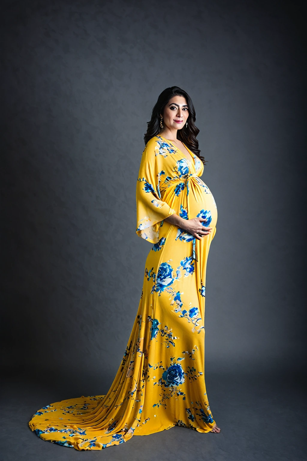 pregnant woman in yellow floral  dress posing for a studio photo, , backdrop with blue  marble paper Persian calligraphy , full length view, wearing a yellow flowing dress, full body wide shot, full length shot, full body photoshoot, pregnant belly, long flowing yellow robe, draped in flowing fabric, posed, studio portrait photography, flowing white robes, full length photo, full - length photo, studio photography portrait