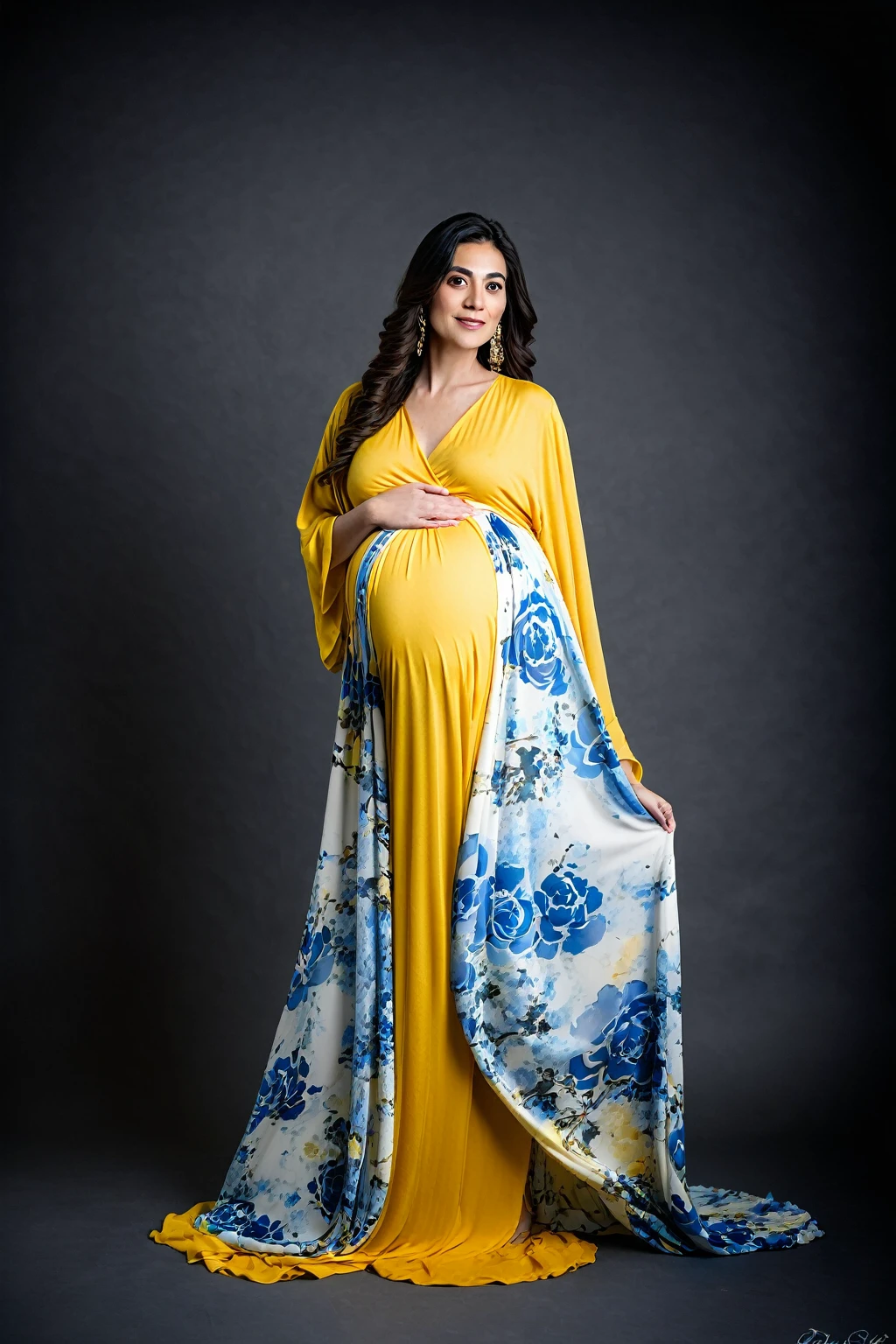 pregnant woman in yellow floral dress posing for a studio photo, , backdrop with blue marble paper Persian calligraphy , full length view, wearing a yellow flowing dress, full body wide shot, full length shot, full body photoshoot, pregnant belly, long flowing yellow robe, draped in flowing fabric, posed, studio portrait photography, flowing white robes, full length photo, full - length photo, studio photography portrait