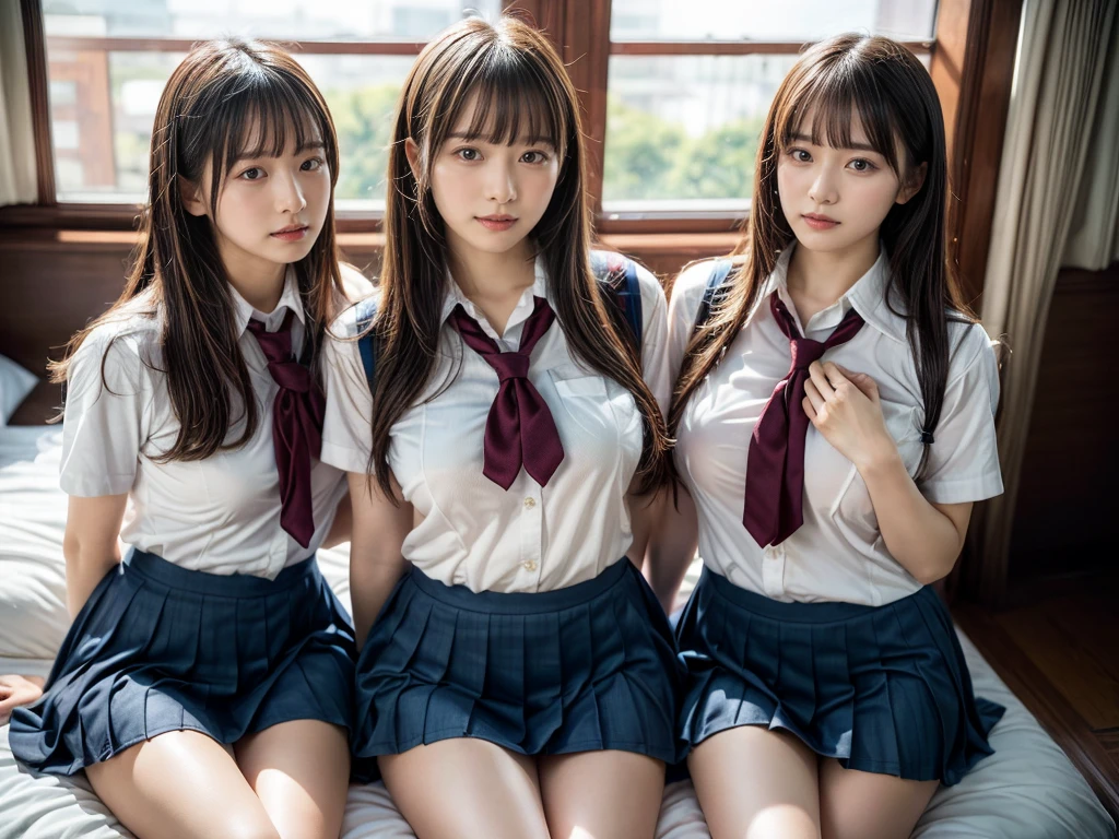 (RAW photo, 4k, masterpiece, high resolution, extremely complex) (realistic: 1.4), cinematic lighting
((2 girls, 2 schoolgirls)),Slam Dunk's,blushing,((innocent)),(Dark makeup),bright eyes,round eyes,blunt bangs,(straight hair:1.3),black hair,large breasts,wide hips,Summer Noon, 20 year old girl、cute type、lolita,Hot, (Best Quality), (Highres), (an Extremely Delicate and Beautiful),(Beautiful 8k face),(Brown eyes),short bob hair,( spectators),(gigantic breasts),(Play with each other,Touching each other's bodies,Touching the body),(Japanese high school uniform:1.3),blue skirt,(reality),bright lighting,(The background is a luxury hotel room)
