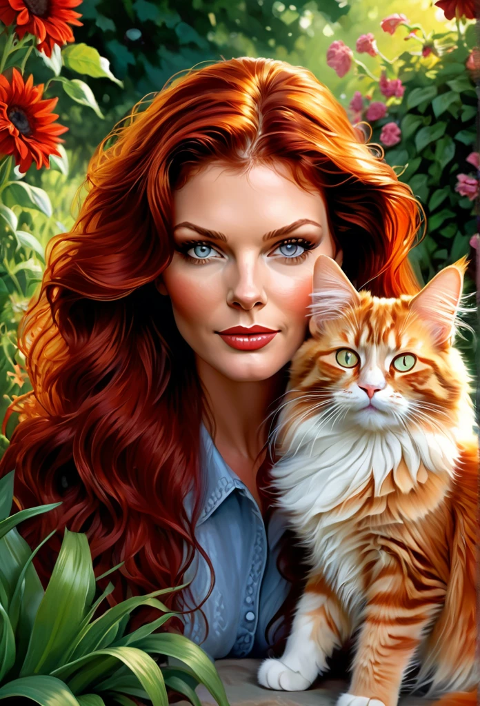 Black-haired [girl:Catherine Zeta Jones:0.1] with a full sized  red mainecoon cat, (best quality, masterpieces, ultra-detailed), beautiful detailed eyes, beautiful detailed lips, longeyelashes, vibrant colors, illustrative style, oil painting texture, flowing red hair, cozy garden background, soft sunlight, lively expression, joyful interaction with the cat, dynamic pose, realistic rendering.