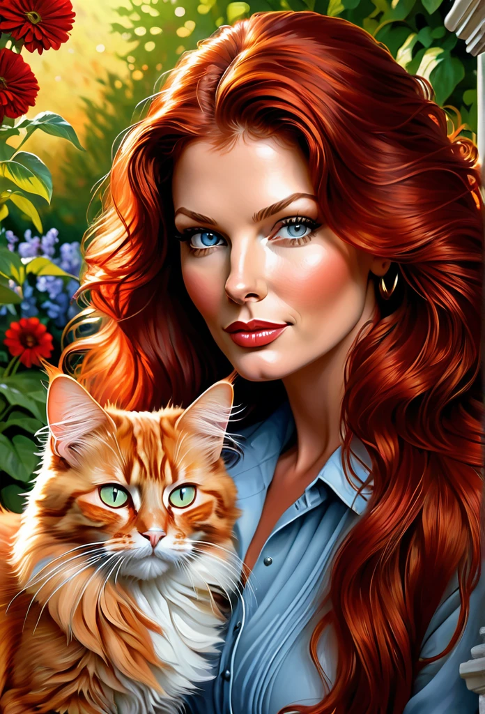 Black-haired [girl:Catherine Zeta Jones:0.1] with a full sized  red mainecoon cat, (best quality, masterpieces, ultra-detailed), beautiful detailed eyes, beautiful detailed lips, longeyelashes, vibrant colors, illustrative style, oil painting texture, flowing red hair, cozy garden background, soft sunlight, lively expression, joyful interaction with the cat, dynamic pose, realistic rendering.