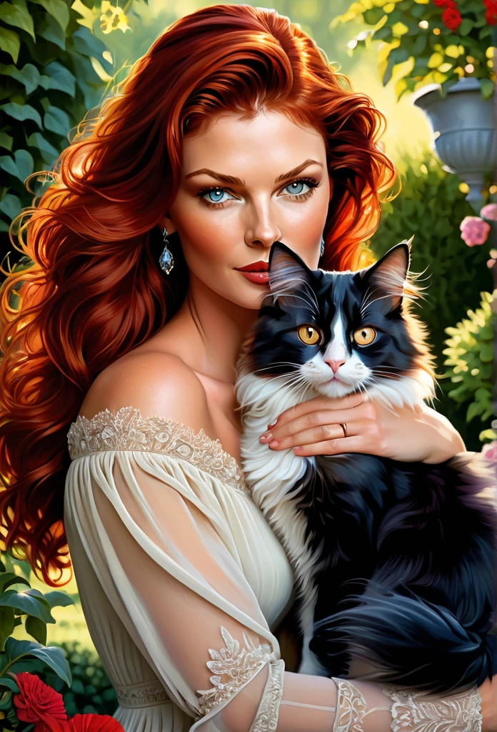 Black-haired [girl:Catherine Zeta Jones:0.1] with a full sized  red mainecoon cat, (best quality, masterpieces, ultra-detailed), beautiful detailed eyes, beautiful detailed lips, longeyelashes, vibrant colors, illustrative style, oil painting texture, flowing red hair, cozy garden background, soft sunlight, lively expression, joyful interaction with the cat, dynamic pose, realistic rendering.