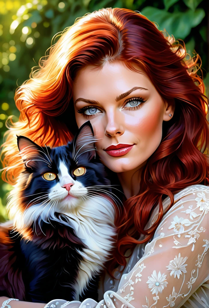 Black-haired [girl:Catherine Zeta Jones:0.1] with a full sized  red mainecoon cat, (best quality, masterpieces, ultra-detailed), beautiful detailed eyes, beautiful detailed lips, longeyelashes, vibrant colors, illustrative style, oil painting texture, flowing red hair, cozy garden background, soft sunlight, lively expression, joyful interaction with the cat, dynamic pose, realistic rendering.
