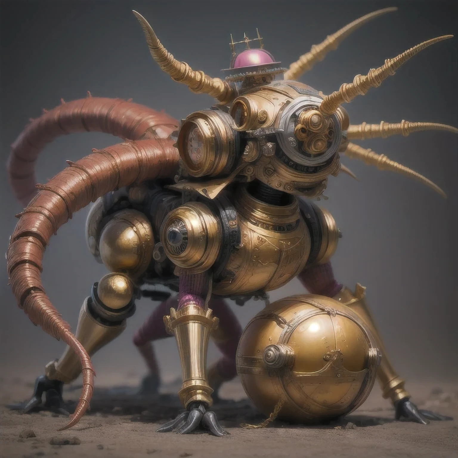 a close up of a golden spider with a purple-pink body and legs, steampunk spider, Mechanical spider red and white legs, arachnid, lolth, arachne, spider, steampunk robot scorpion, highly detailed barlowe 8 k, Bright orange legs large, sculpture made of gold, by Hiroyuki Tajima, full samurai armor spiderman, giger spider joker, insectoid，（（（Degenerator ）））