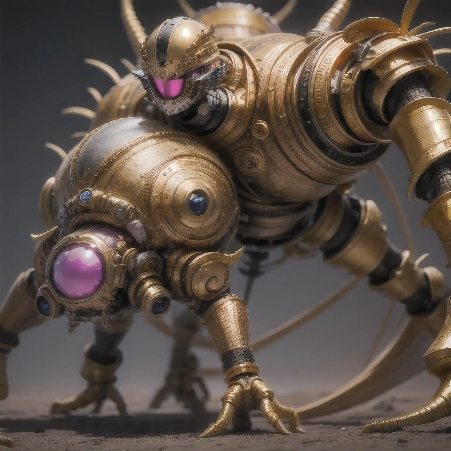 a close up of a golden spider with a purple-pink body and legs, steampunk spider, Mechanical spider red and white legs, arachnid, lolth, arachne, spider, steampunk robot scorpion, highly detailed barlowe 8 k, Bright orange legs large, sculpture made of gold, by Hiroyuki Tajima, full samurai armor spiderman, giger spider joker, insectoid,(((Degenerator )))