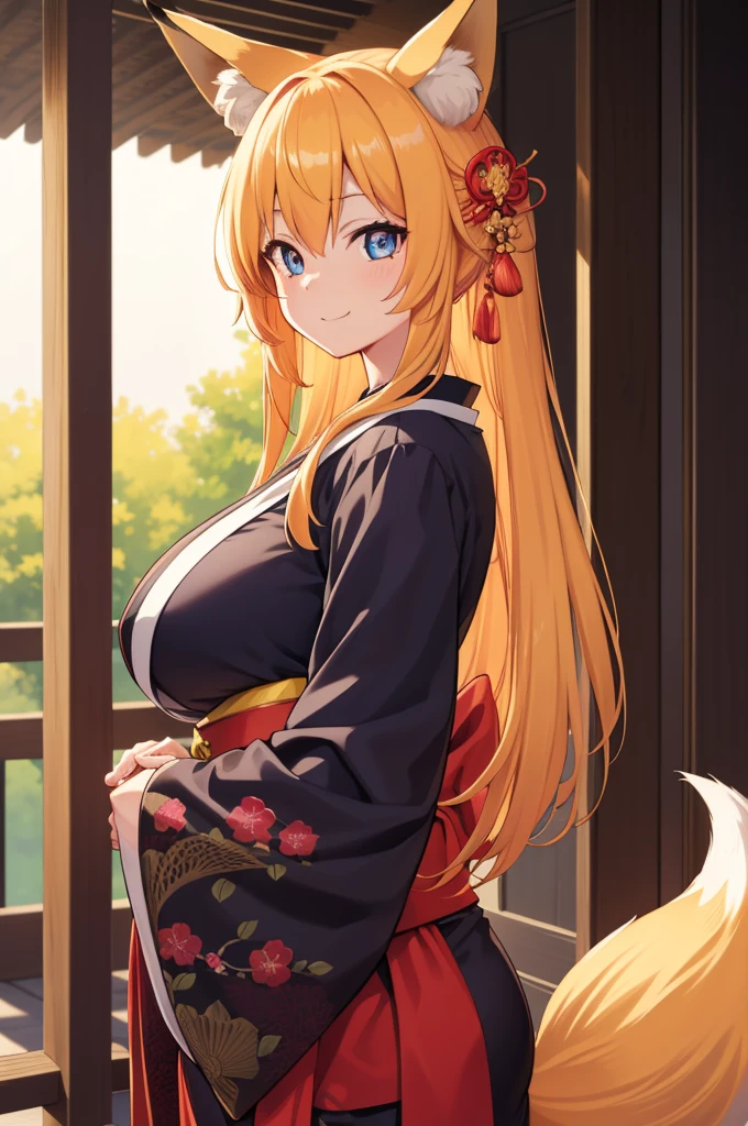 animal ear fluff, Animal ears, Fox ears, Fox Girl, Fox tail, Golden hair, tail, Kimono, Huge breasts pushing up the kimono,A smile, Blushing cheeks,  On the porch of the Japanese-style room,
looking at the viewers, 
BREAK (masutepiece:1.2), Best Quality, High resolution, Unity 8k Wallpaper, (Illustration:0.8), (Beautiful detailed eyes:1.6), extra detailed face, Perfect Lighting, extremely details CG, (Perfect hands, Perfect Anatomy),Upper body portrait