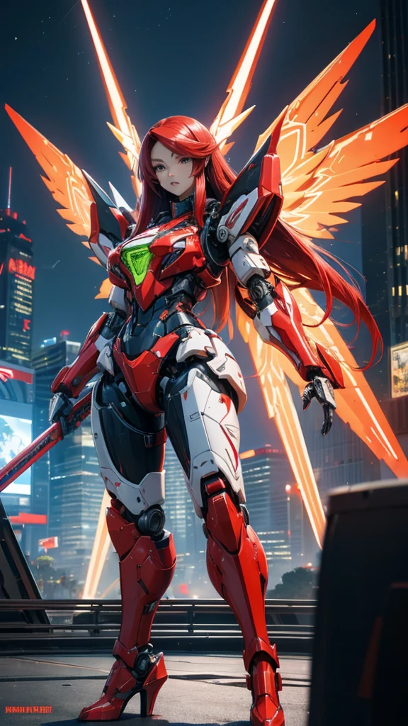 Red long straight hair female mecha,Large female robot , Sci-fi fluorescent armor, Chest,Mechanical joints,wing,thigh, High heel, Standing,front,sci-fi sword,City